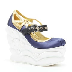 MIU MIU blue satin gold trimming punk strap white sculpted platform wedge EU34