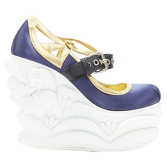 MIU MIU blue satin gold trimming punk strap white sculpted platform wedge EU34