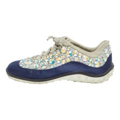 Miu Miu Blue Satin Neoprene Astro Crystal Embellished Low Top Sneakers Size 40
