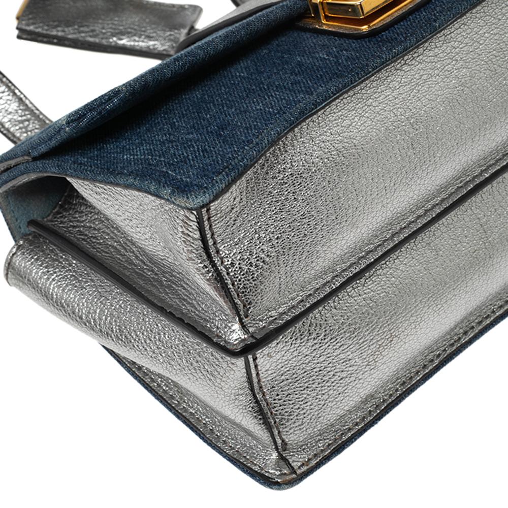 Miu Miu Blue/Silver Denim And Madras Leather Bandoliera Crossbody Bag 3