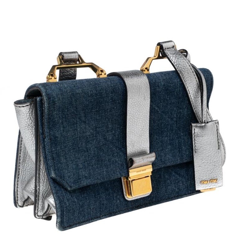 Miu Miu Blue/Silver Denim And Madras Leather Bandoliera Crossbody Bag at 1stDibs
