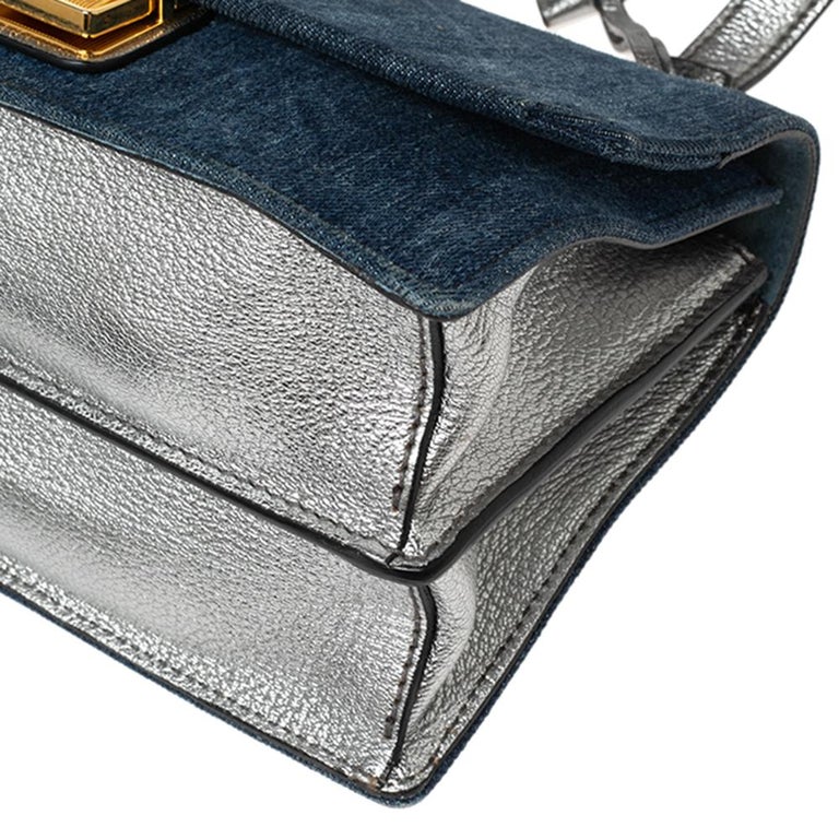 Miu Miu Blue/Silver Denim And Madras Leather Bandoliera Crossbody Bag at 1stDibs