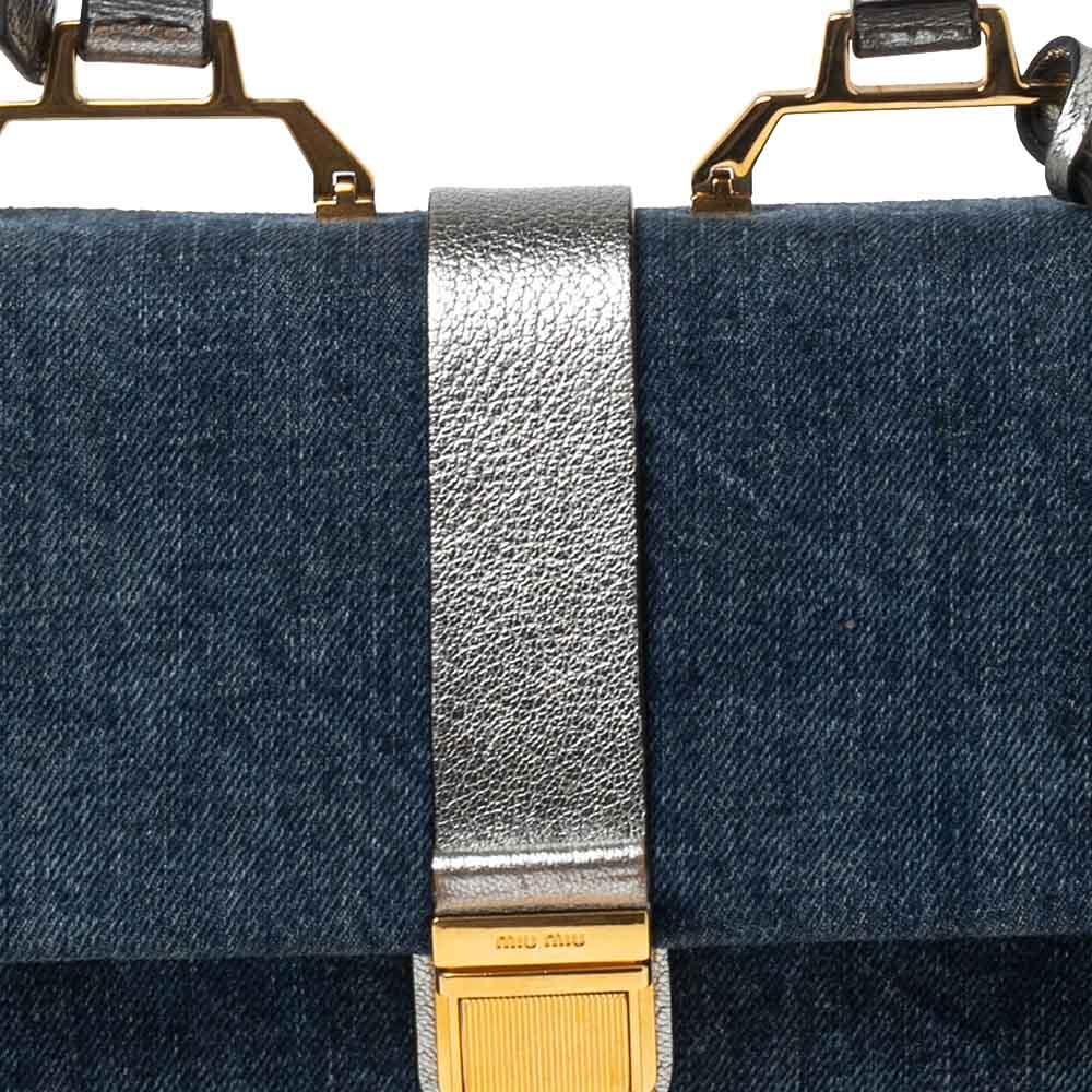 Miu Miu Blue/Silver Denim And Madras Leather Bandoliera Crossbody Bag In Good Condition In Dubai, Al Qouz 2