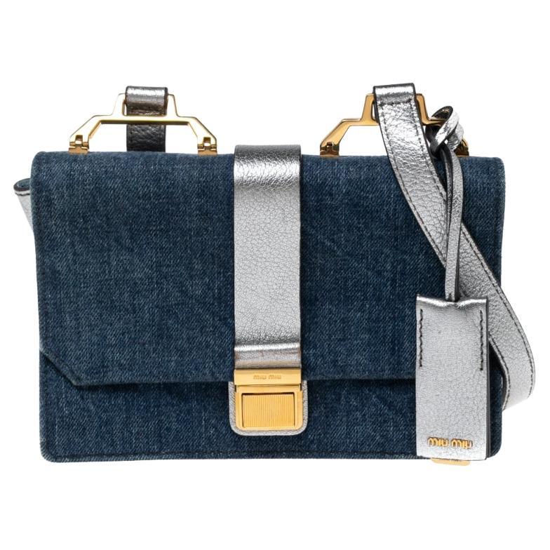 Miu Miu Blue/Silver Denim And Madras Leather Bandoliera Crossbody Bag