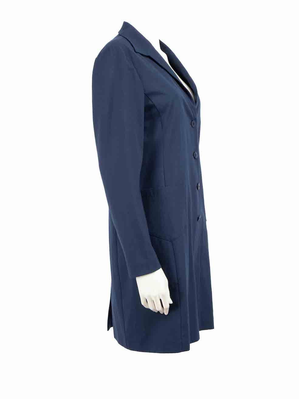 CONDITION is Very good. Minimal wear to coat is evident. Minimal discoloured marks to fabric on sleeves and front of coat on this used Miu Miu designer resale item.

Details
Blue
Polyester
Mid length coat
Single breasted
1x Chest pocket
2x Front