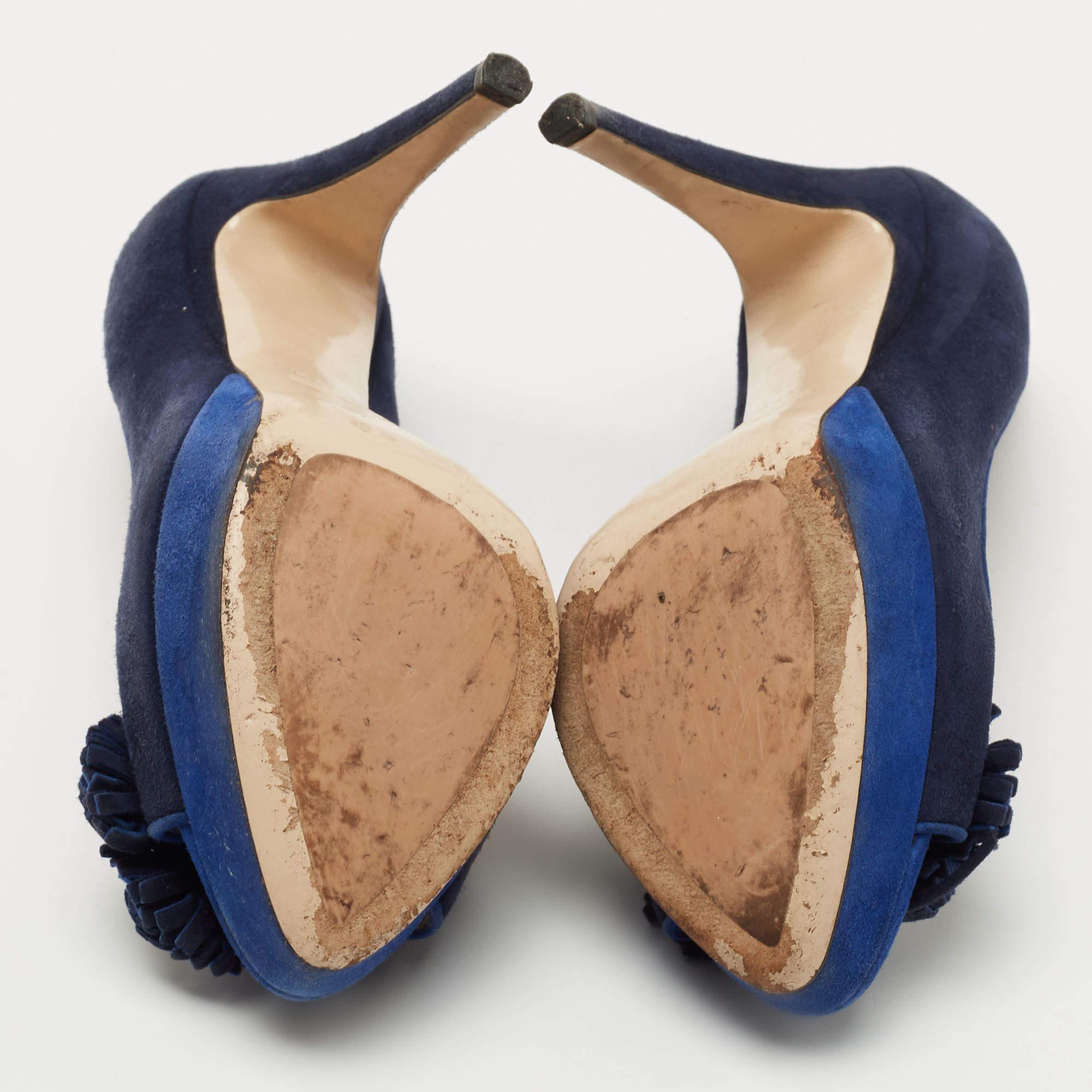 Miu Miu Bleu Suede Peep Toe Platform Pumps Size 37.5 en vente 1