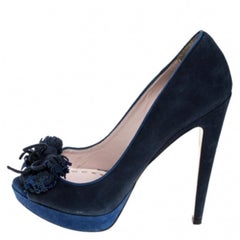 Miu Miu Blue Suede Tassel Detail Peep Toe Platform Pumps Size 39