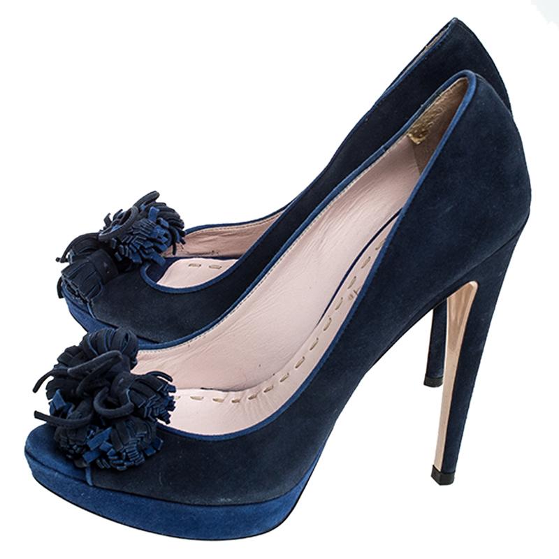 Black Miu Miu Blue Suede Tassel Detail Peep Toe Platform Pumps Size 39 For Sale