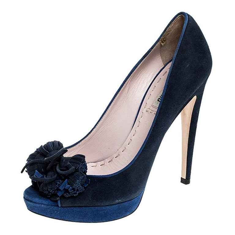 Miu Miu Blue Suede Tassel Detail Peep Toe Platform Pumps Size 39 For Sale  at 1stDibs | blue tassel heels, miu miu blue heels