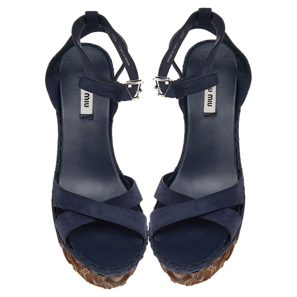 Black Miu Miu Blue Suede Wedge Platform Ankle Strap Sandals Size 40