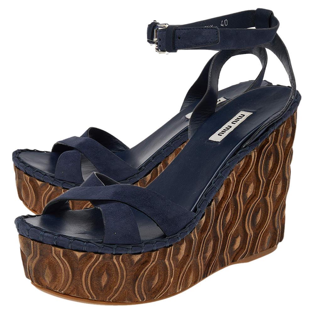 Miu Miu Blue Suede Wedge Platform Ankle Strap Sandals Size 40 In Good Condition In Dubai, Al Qouz 2