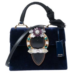 Miu Miu Blue Velvet Crystal Embellished Buckle Flap Top Handle Bag