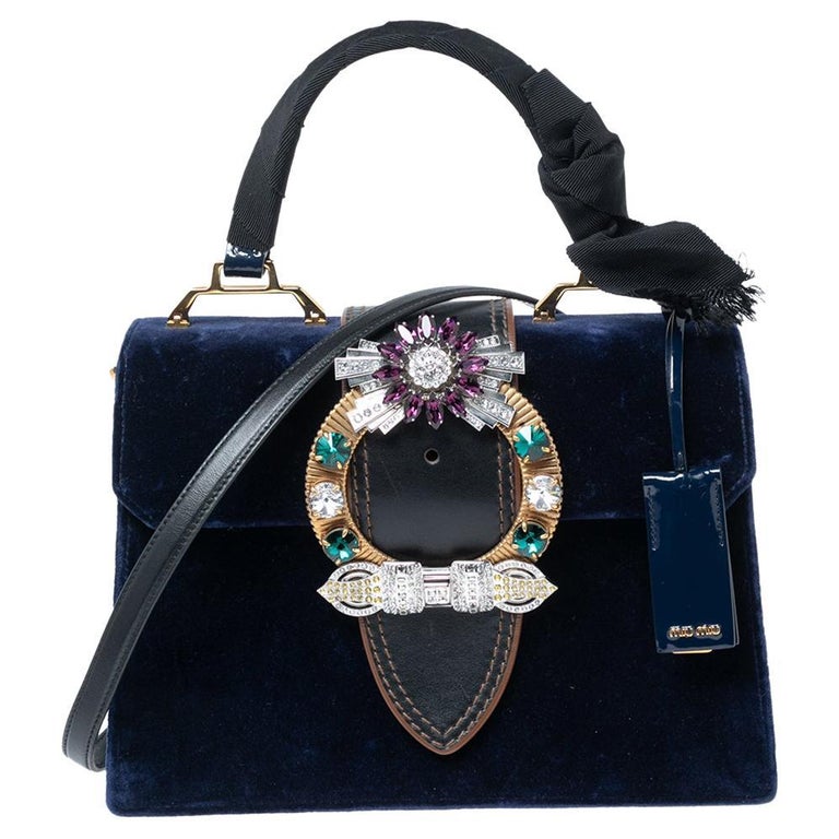 Miu Miu Blue Velvet Crystal Embellished Buckle Flap Top Handle Bag at  1stDibs