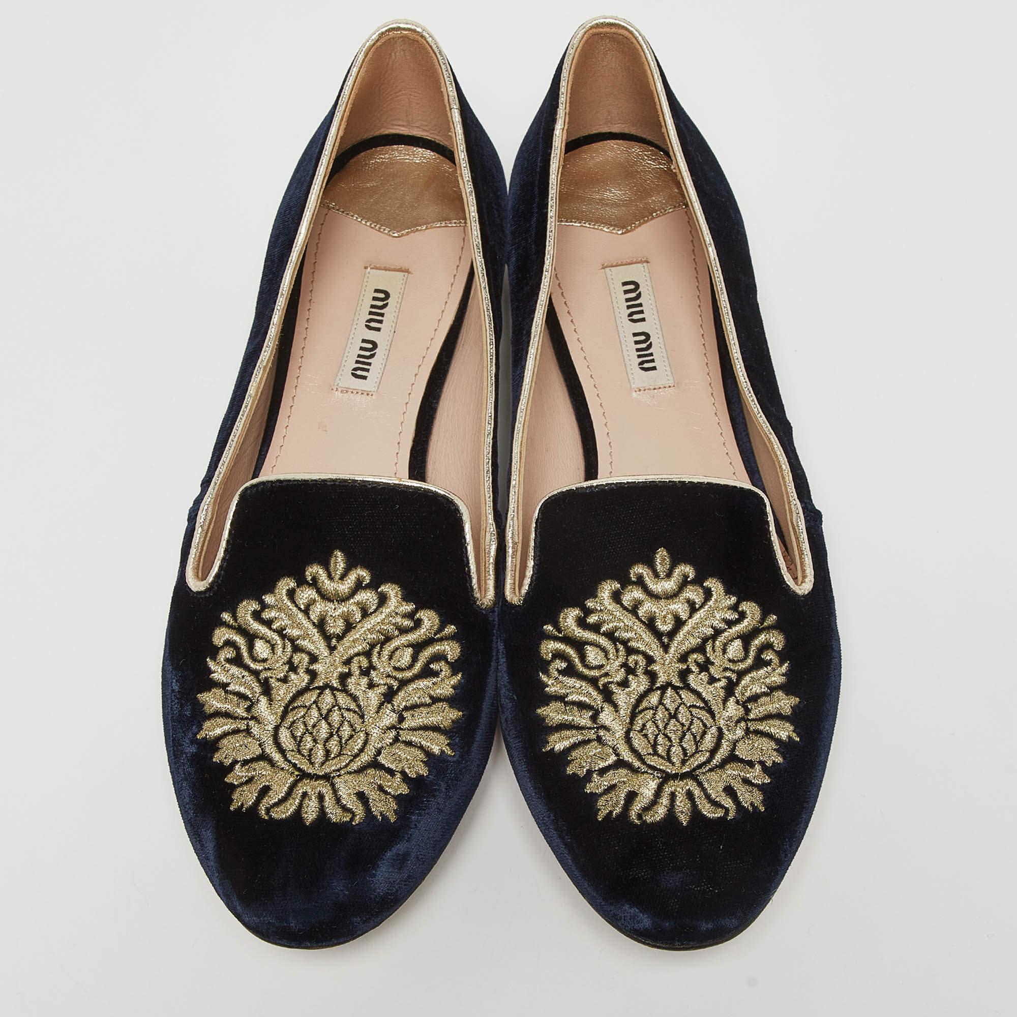 Black Miu Miu Blue Velvet Embroidered Crystal Embellished Smoking Slippers Size 36.5