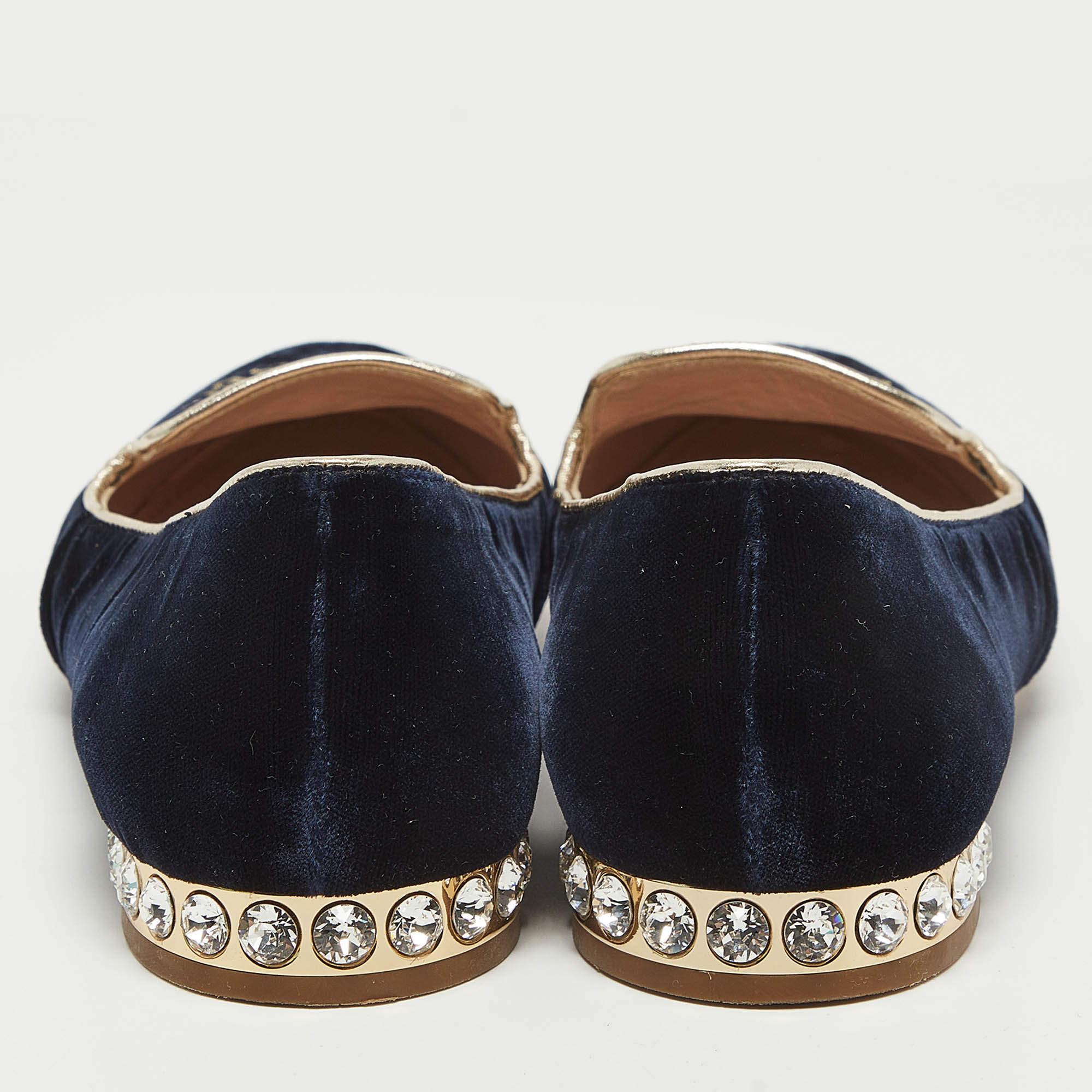 Women's Miu Miu Blue Velvet Embroidered Crystal Embellished Smoking Slippers Size 36.5