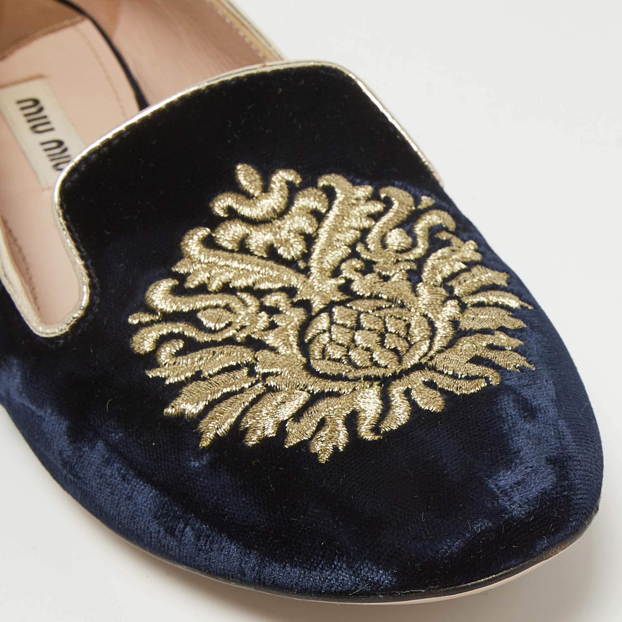 Miu Miu Blue Velvet Embroidered Crystal Embellished Smoking Slippers Size 36.5 2