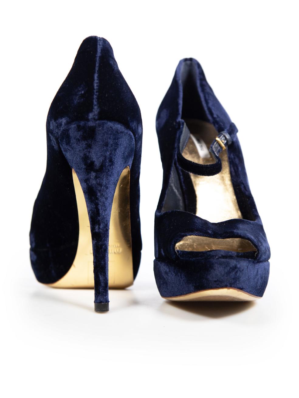 Black Miu Miu Blue Velvet Peep Toe Heels Size IT 39 For Sale