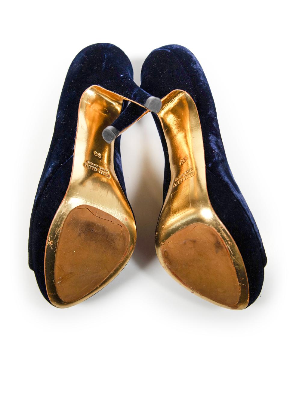 Miu Miu Blue Velvet Peep Toe Heels Size IT 39 In Good Condition For Sale In London, GB