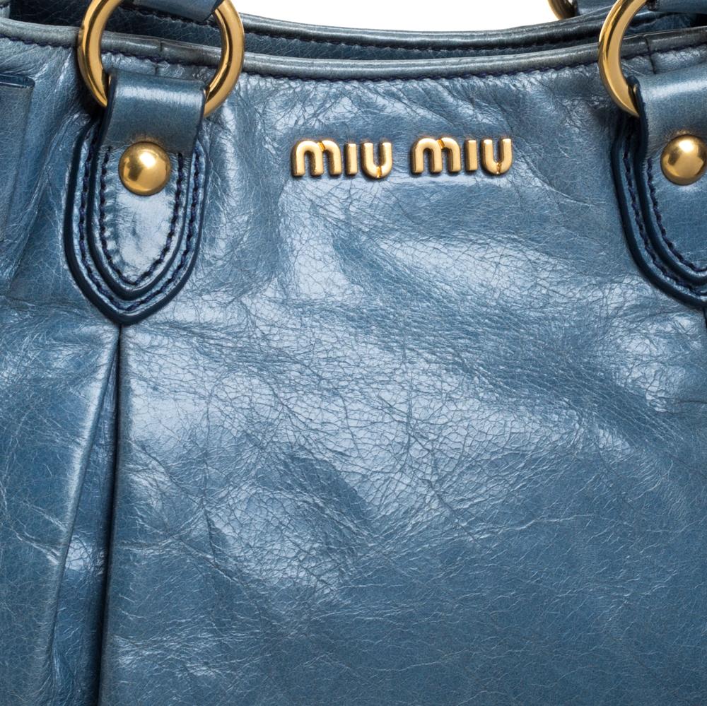 Miu Miu Blue Vitello Lux Leather Bow Satchel 5