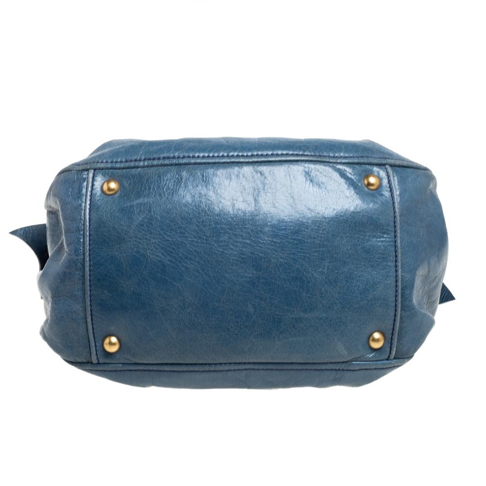 Donna Miu Miu Satchel in pelle blu Vitello Lux con fiocco