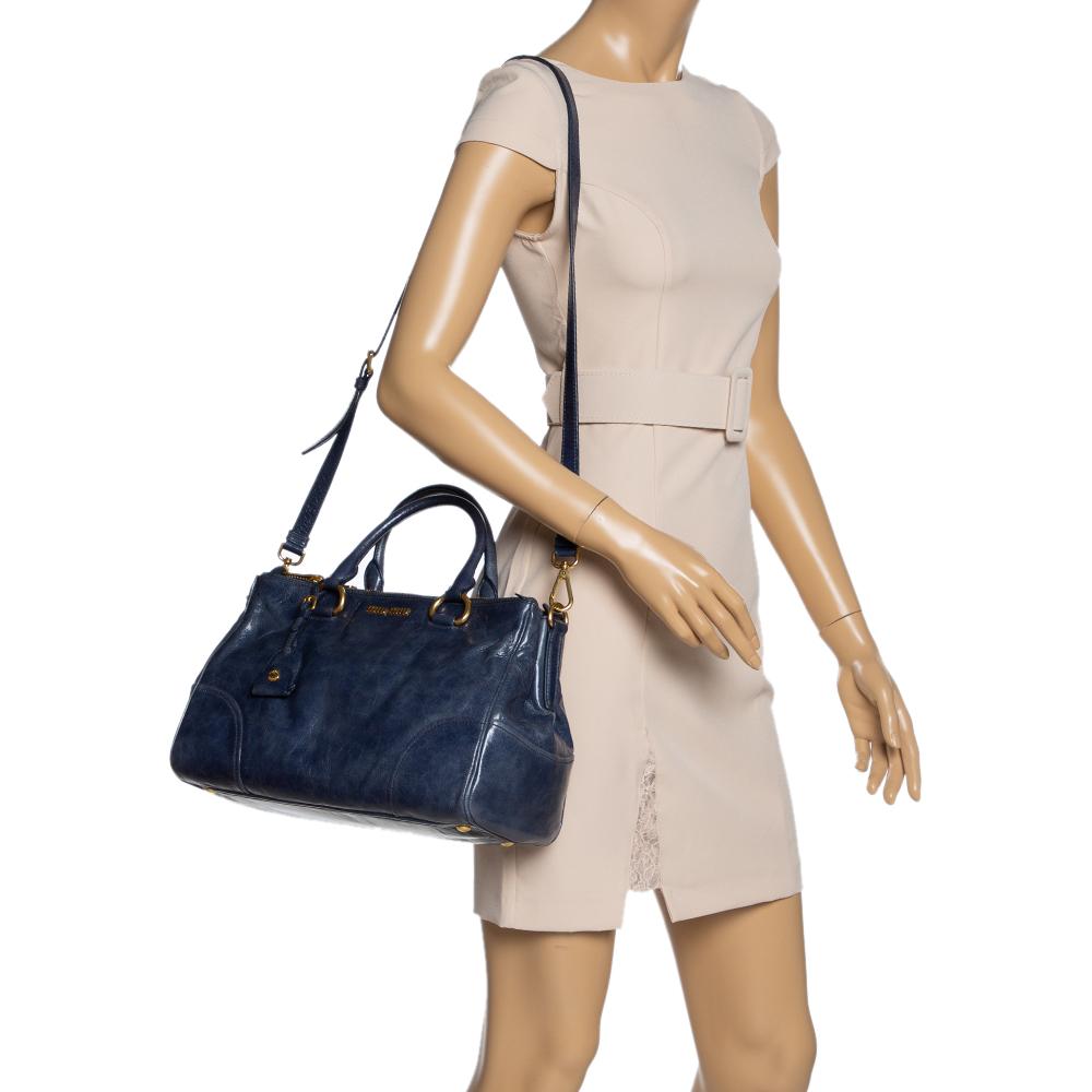 Black Miu Miu Blue Vitello Shine Leather Double Zip Tote