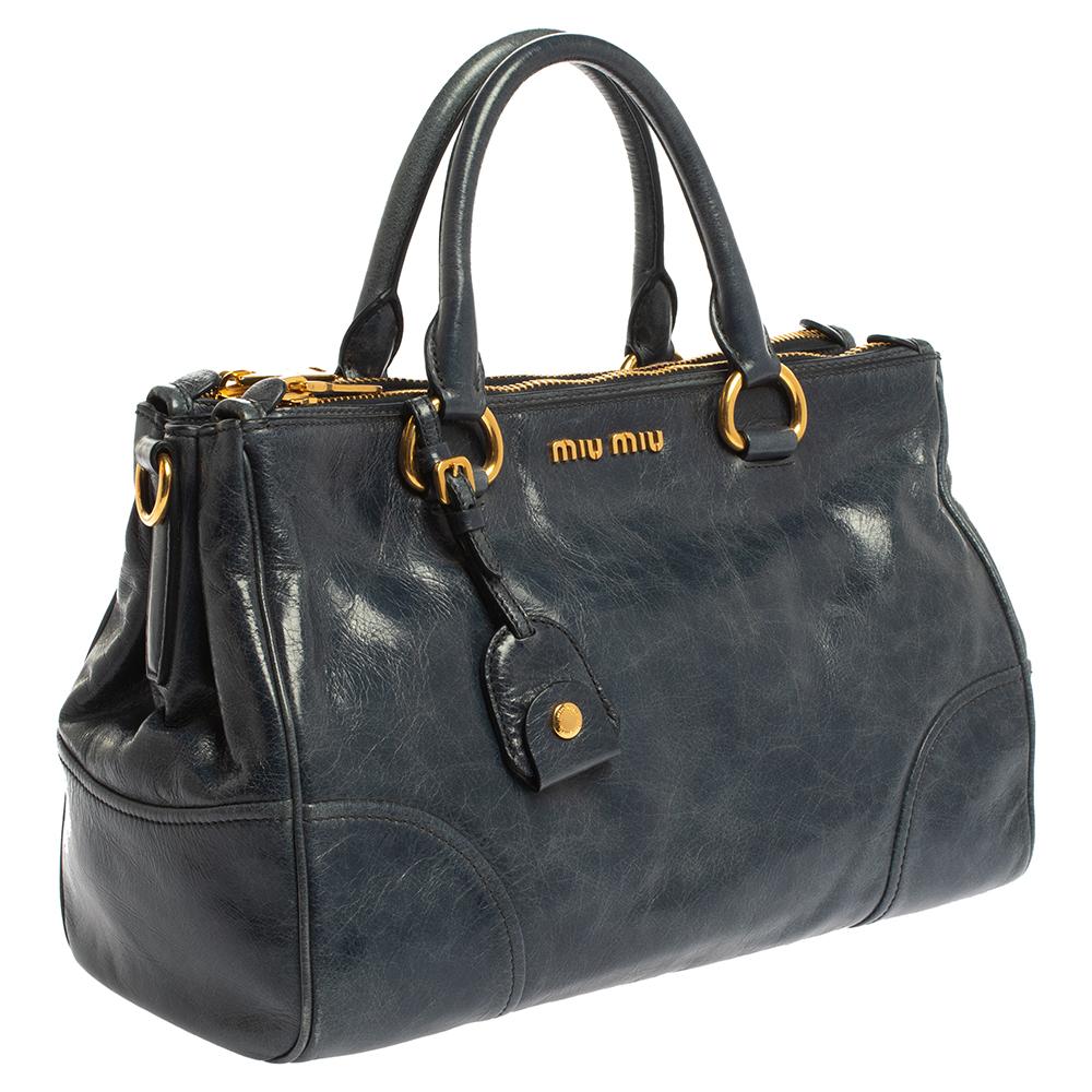 Miu Miu Blue Vitello Shine Leather Double Zip Tote In Good Condition In Dubai, Al Qouz 2