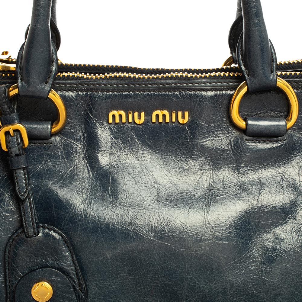 Miu Miu Blue Vitello Shine Leather Double Zip Tote 3