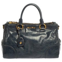 Miu Miu Blue Vitello Shine Leather Double Zip Tote