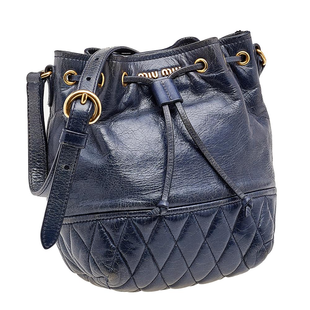 Black Miu Miu Blue Vitello Shine Leather Drawstring Bucket Bag