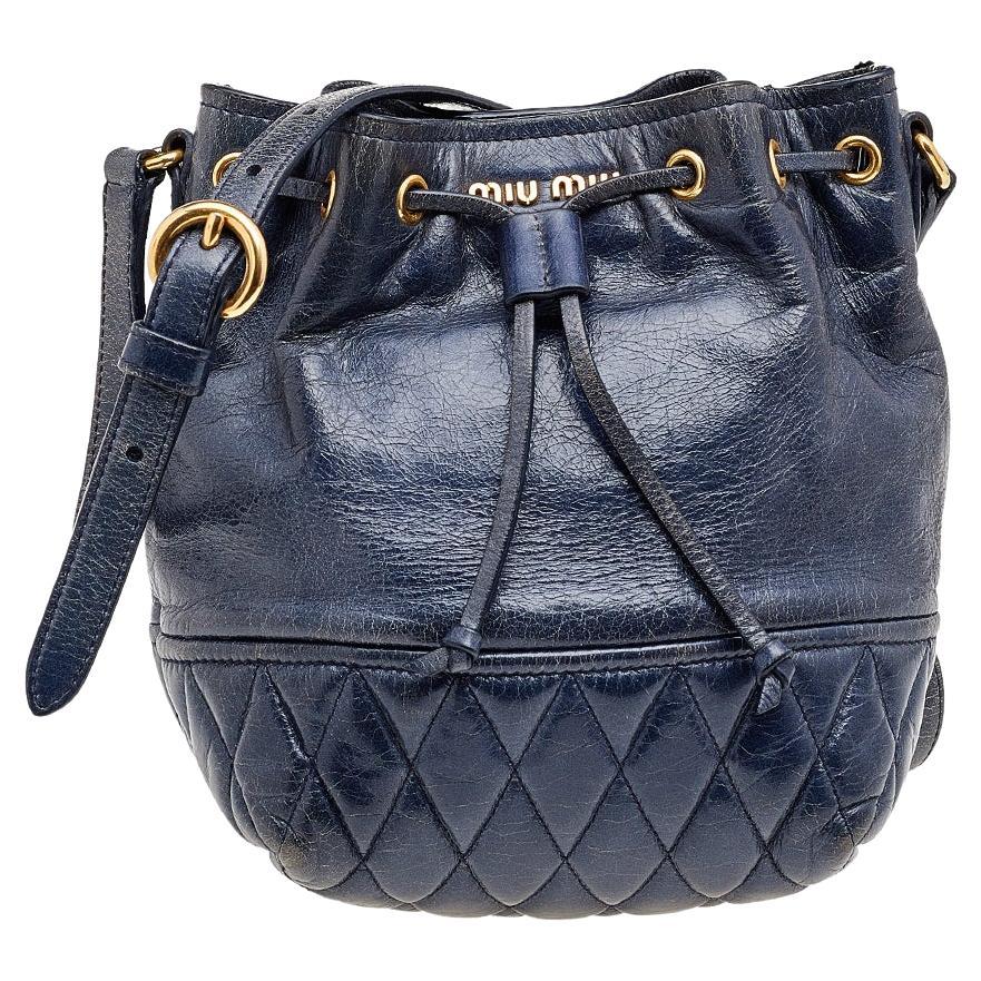Miu Miu Blue Vitello Shine Leather Drawstring Bucket Bag