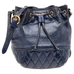 Used Miu Miu Blue Vitello Shine Leather Drawstring Bucket Bag