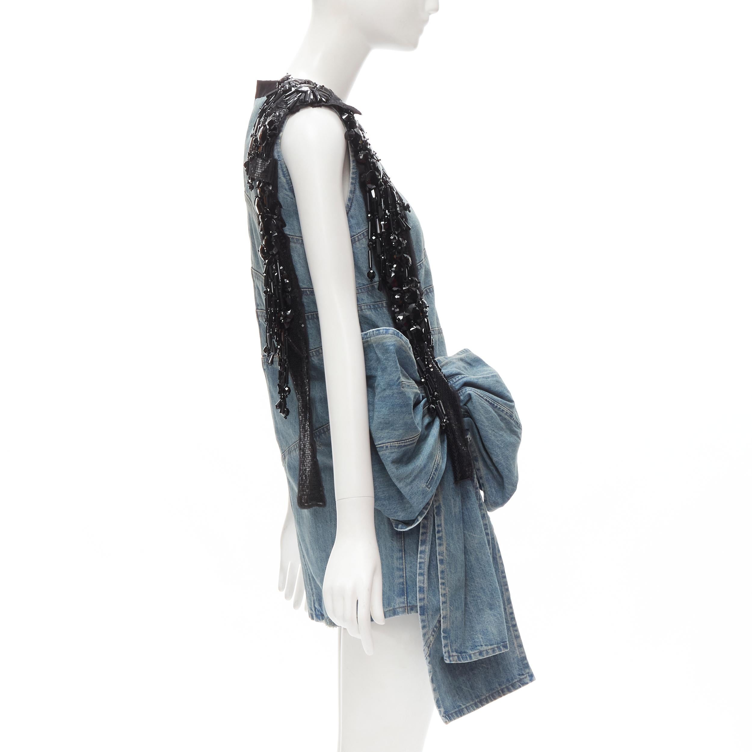 MIU MIU blue washed distressed denim oversized bow embellished dress IT36 XS In Excellent Condition In Hong Kong, NT