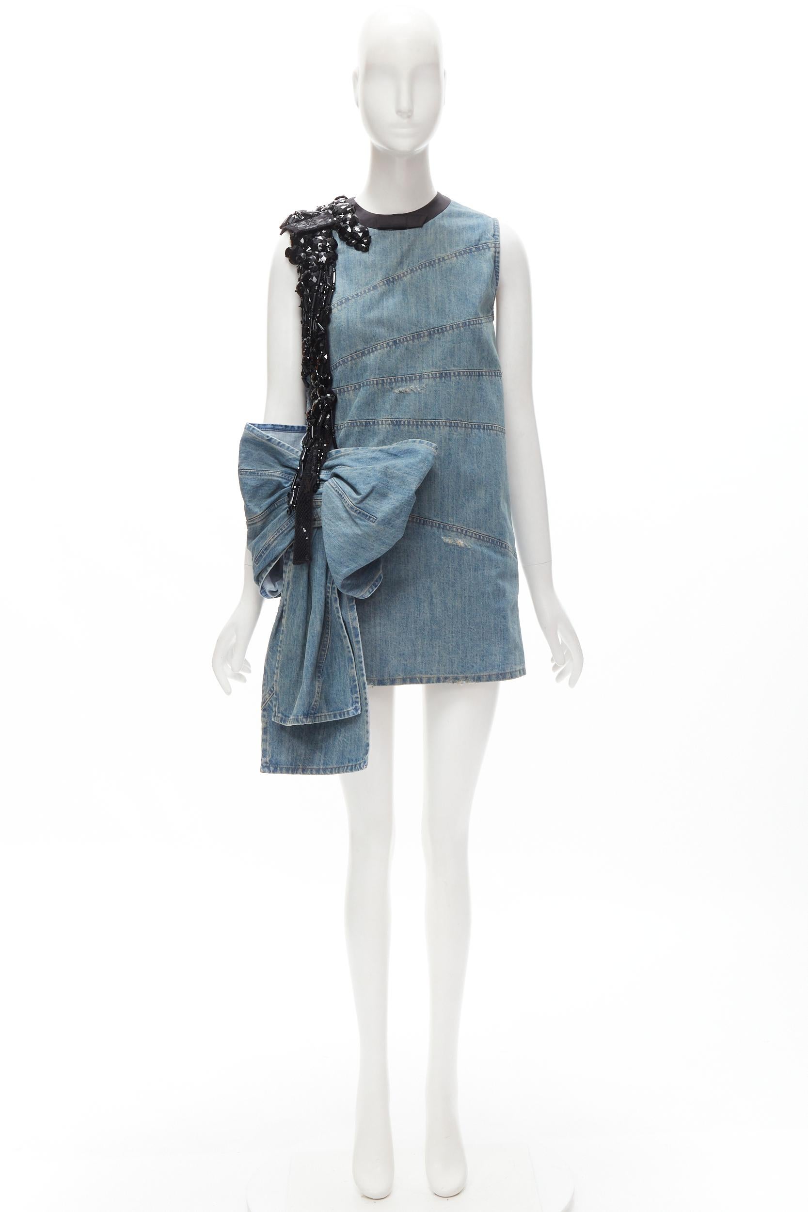 MIU MIU blue washed distressed denim oversized bow embellished dress IT36 XS 4