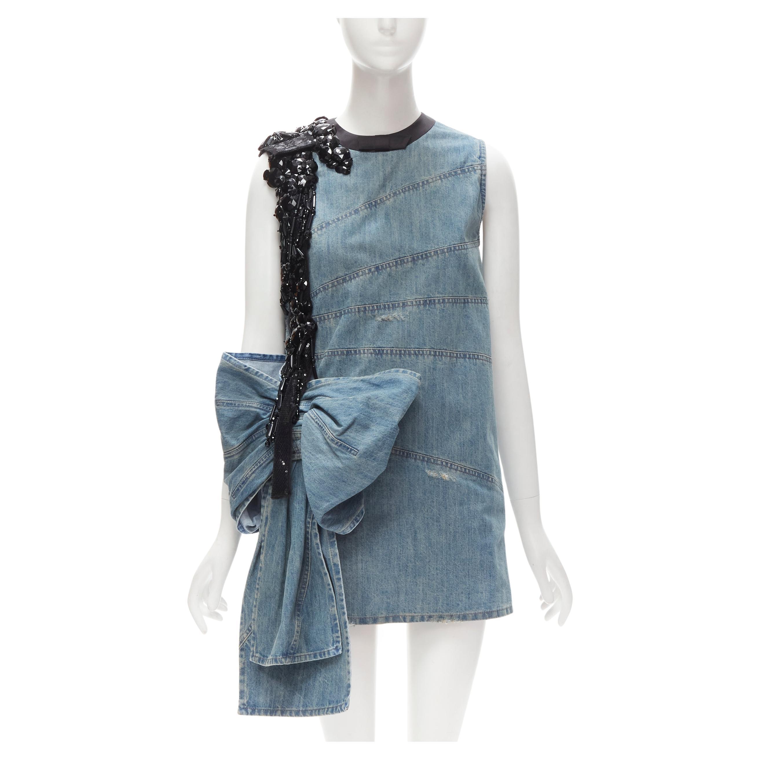 MIU MIU blue washed distressed denim oversized bow embellished dress IT36 XS