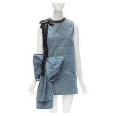 MIU MIU blue washed distressed denim oversized bow embellished dress IT36 XS