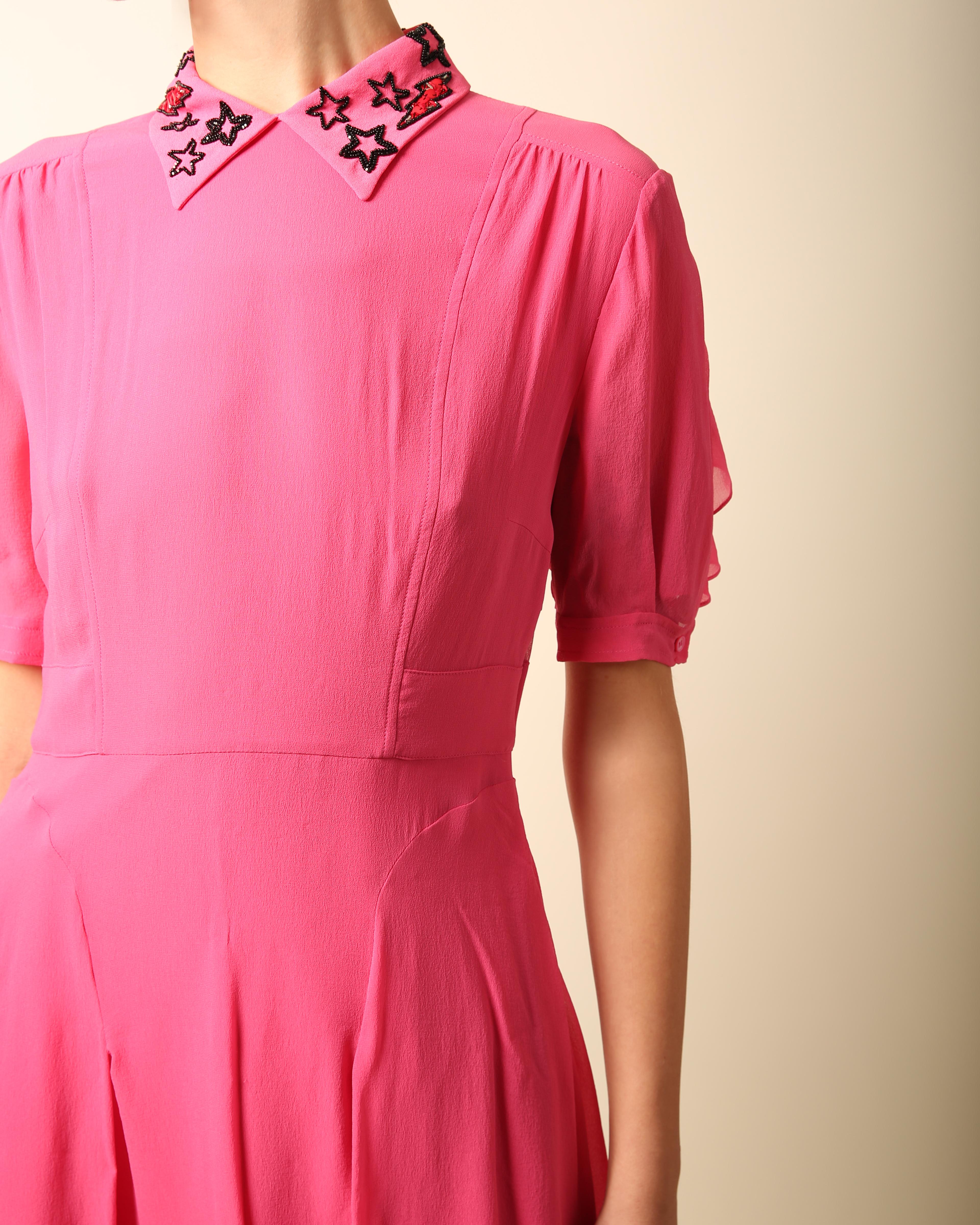 Miu Miu bright pink star print beaded fit and flare silk mini babydoll dress 42 For Sale 8