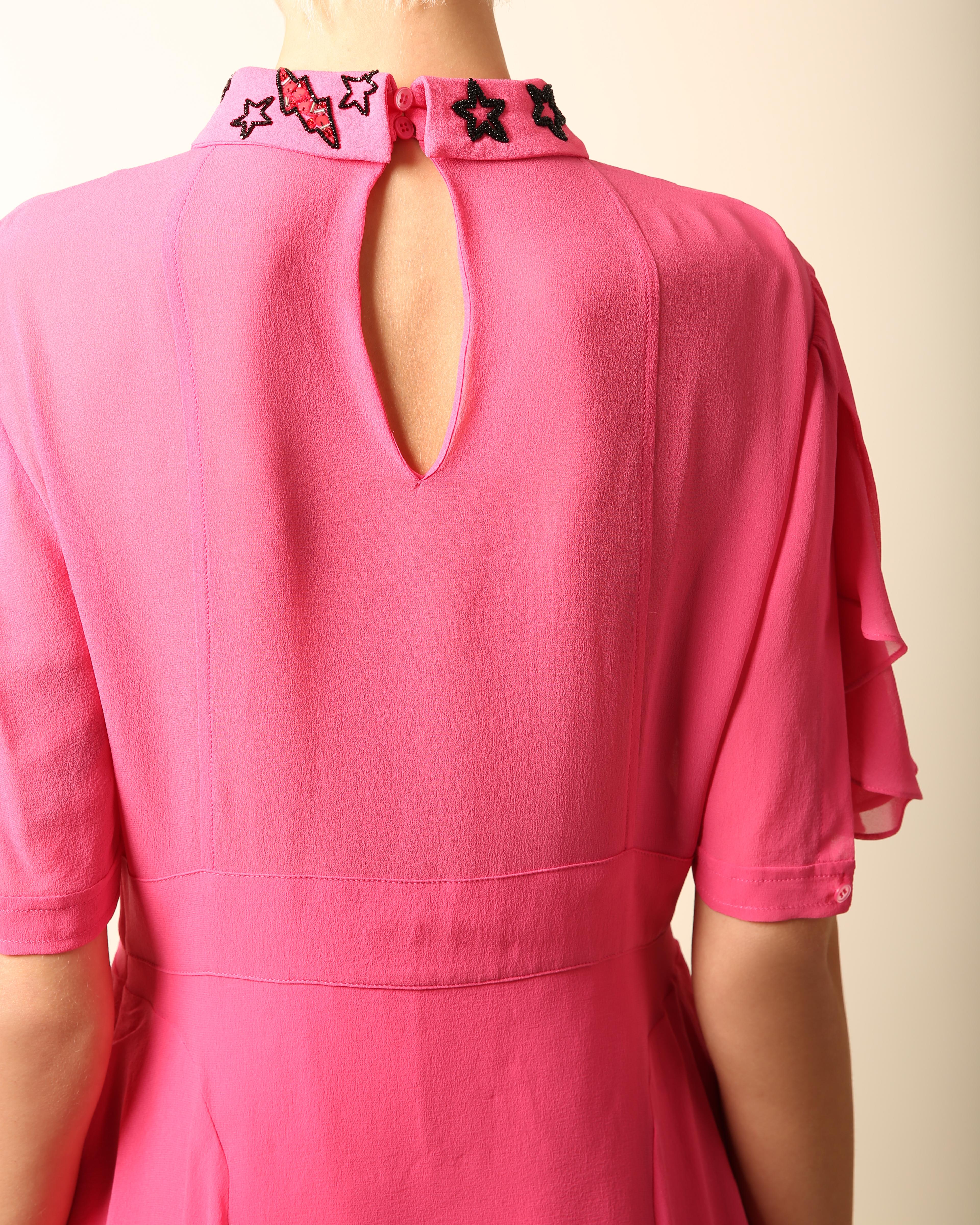 Miu Miu bright pink star print beaded fit and flare silk mini babydoll dress 42 For Sale 9