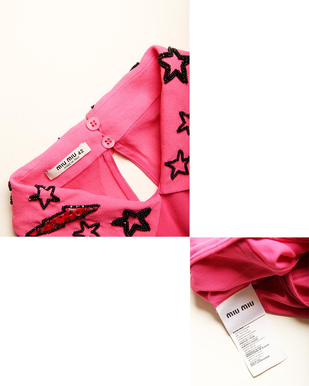 Miu Miu bright pink star print beaded fit and flare silk mini babydoll dress 42 10
