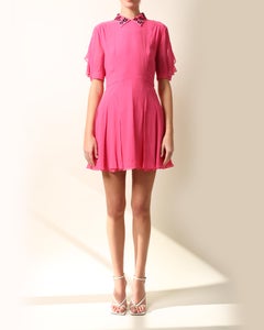 Miu Miu bright pink star print beaded fit and flare silk mini babydoll dress 42