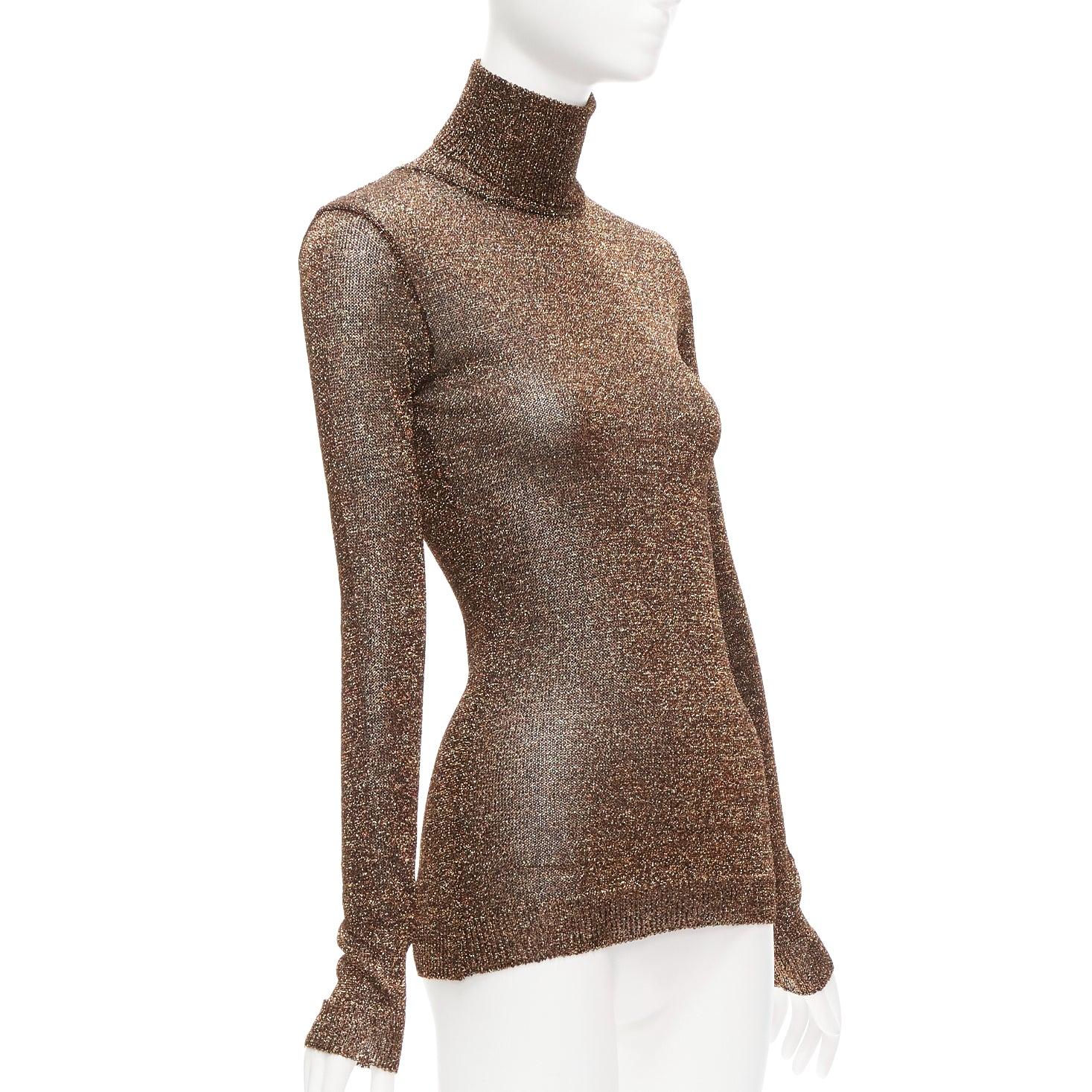 MIU MIU bronze glitter lurex semi sheer turtleneck sweater top IT40 S
Reference: CELG/A00349
Brand: Miu Miu
Designer: Miuccia Prada
Material: Polyester, Blend
Color: Bronze
Pattern: Solid
Closure: Slip On
Made in: Italy

CONDITION:
Condition: