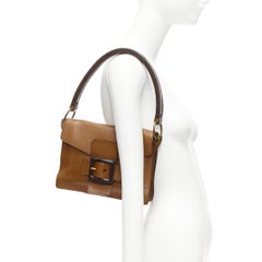 MIU MIU brown calfskin black buckle thick handle boxy accordion shoulder bag