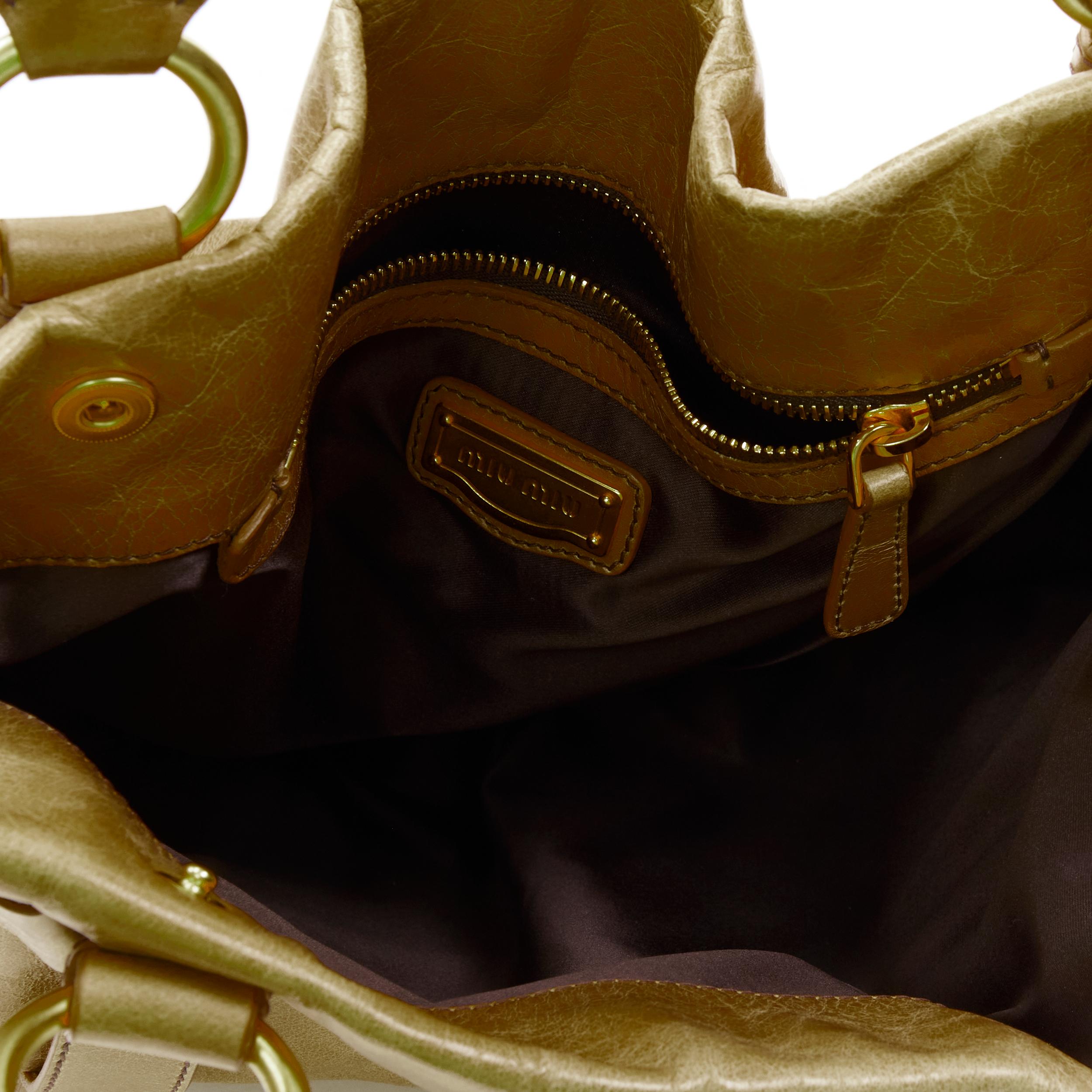 MIU MIU brown crinkled leather gold-tone strap bow detail hobo tote bag 5
