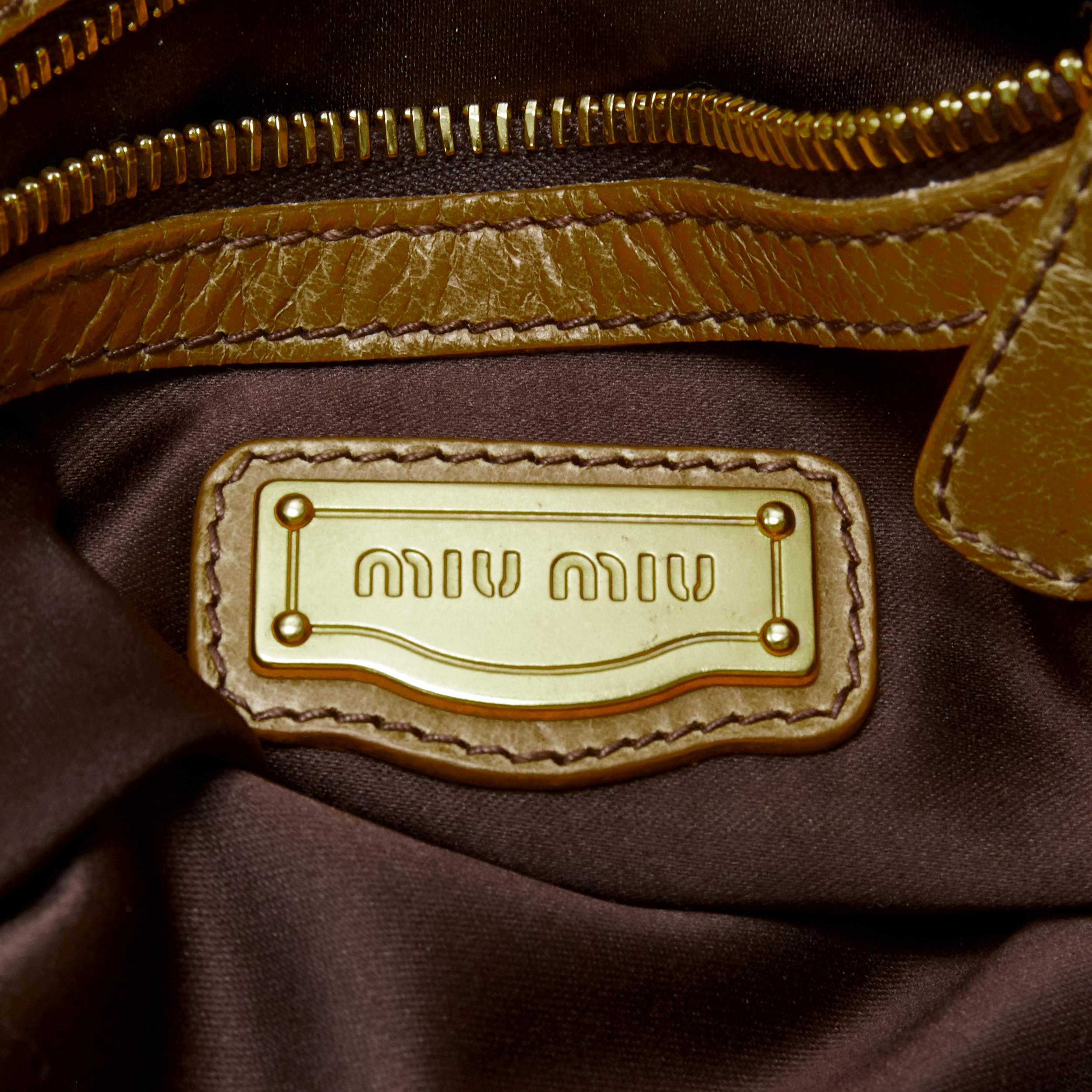 MIU MIU brown crinkled leather gold-tone strap bow detail hobo tote bag 6