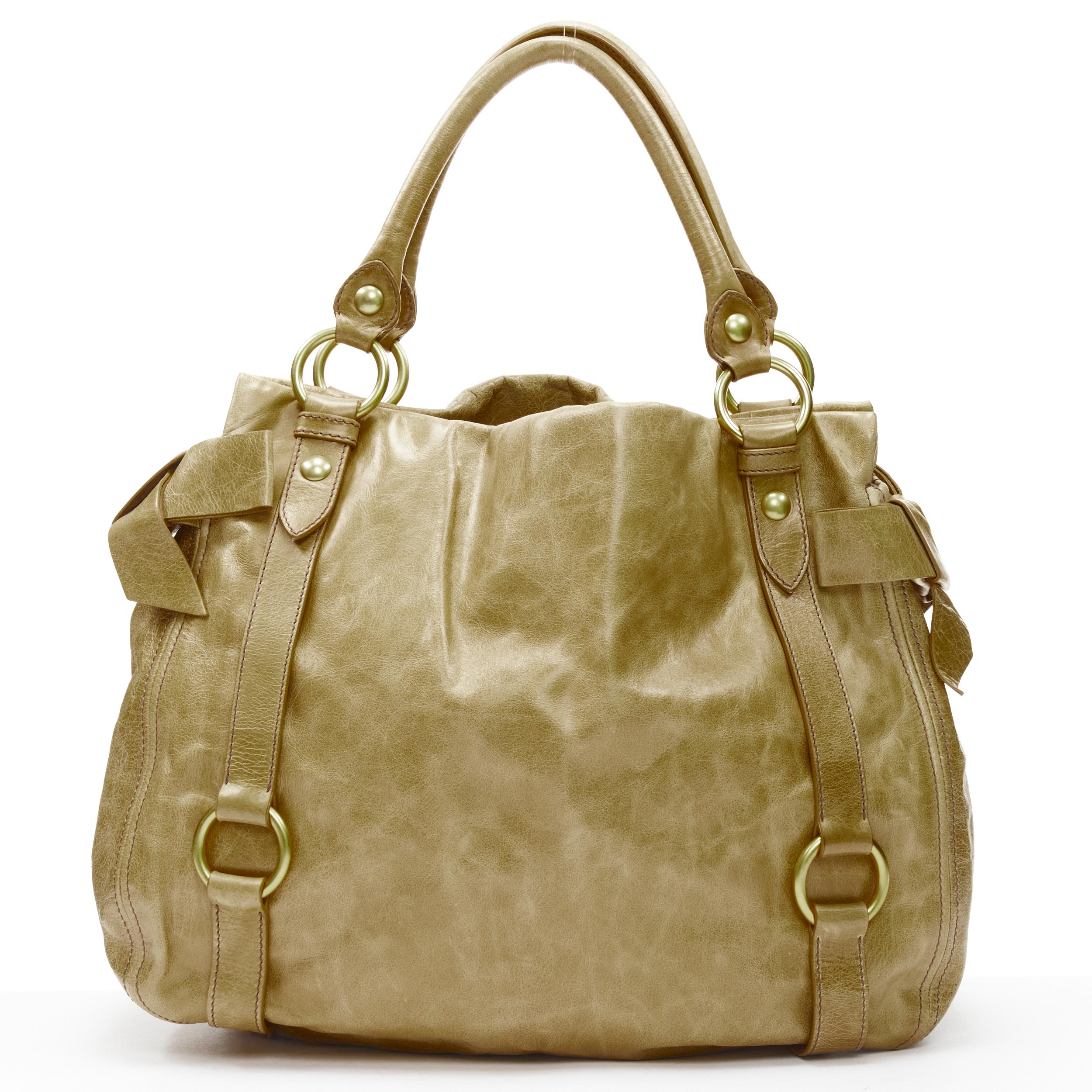 Women's MIU MIU brown crinkled leather gold-tone strap bow detail hobo tote bag
