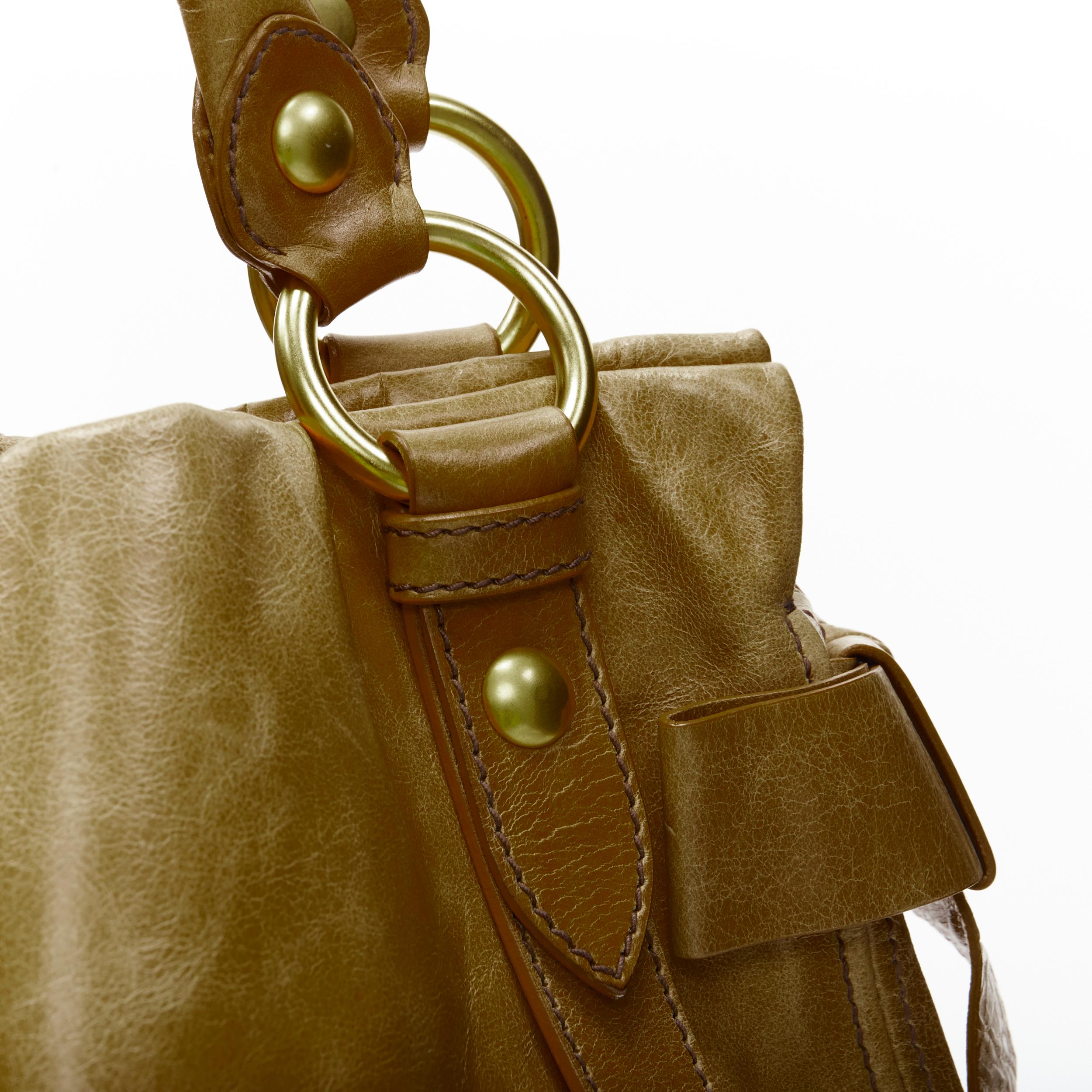 MIU MIU brown crinkled leather gold-tone strap bow detail hobo tote bag 2