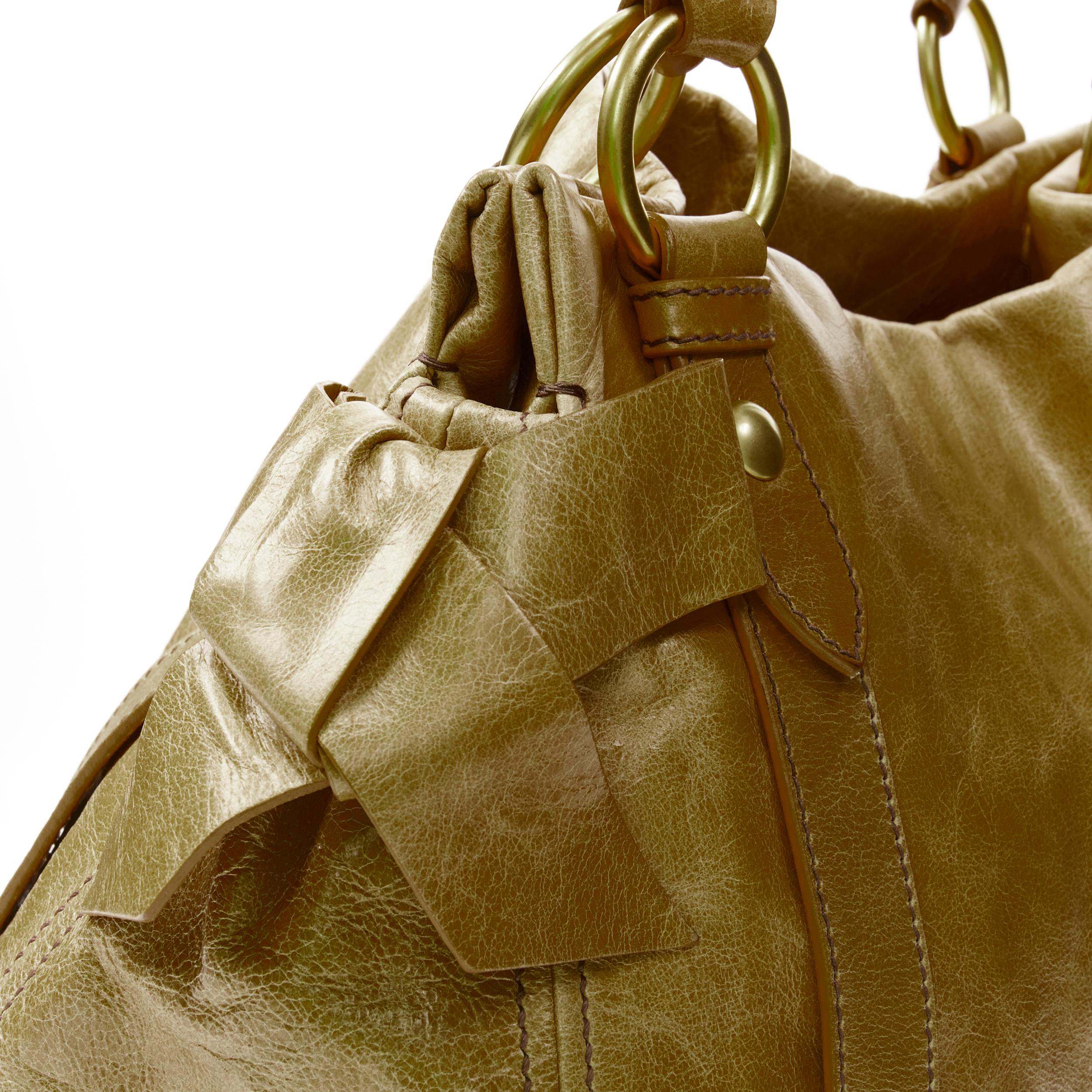 MIU MIU brown crinkled leather gold-tone strap bow detail hobo tote bag 3