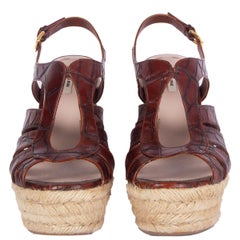 MIU MIU brown CROC EMBOSSED Espadrille Wedge Sandals Shoes 36.5
