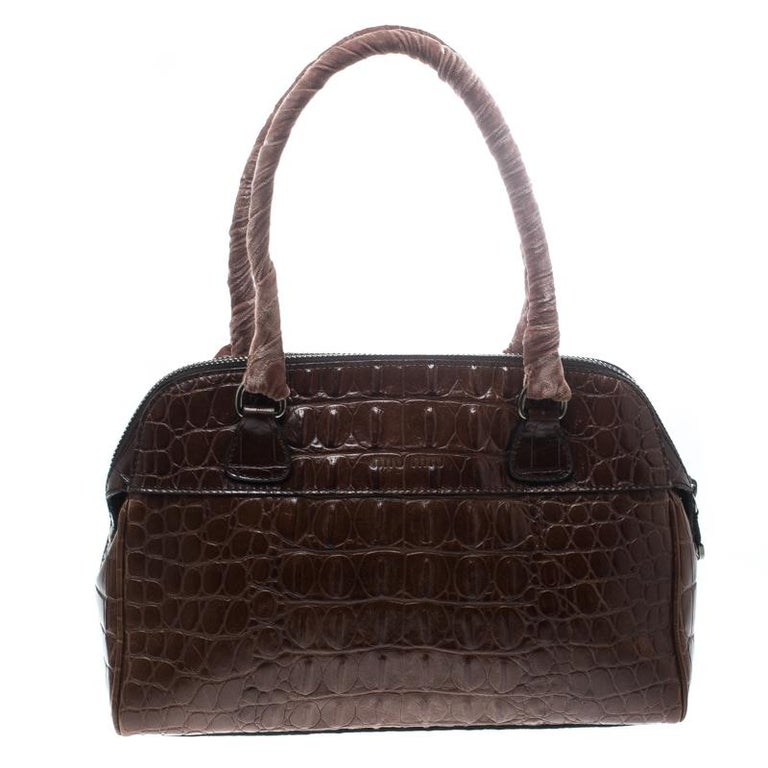 Miu Miu Brown Croc Embossed Leather Bauletto Satchel For Sale at 1stDibs