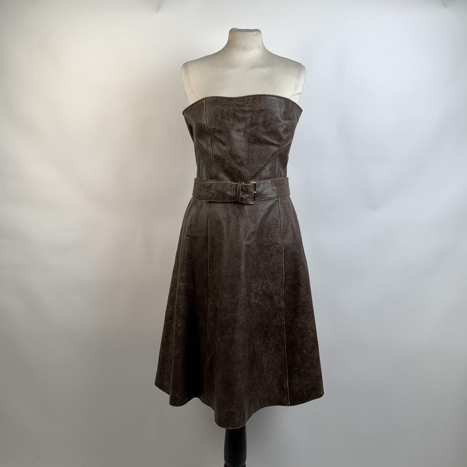 Black Miu Miu Brown Distressed Leather Bustier Dress Size 44
