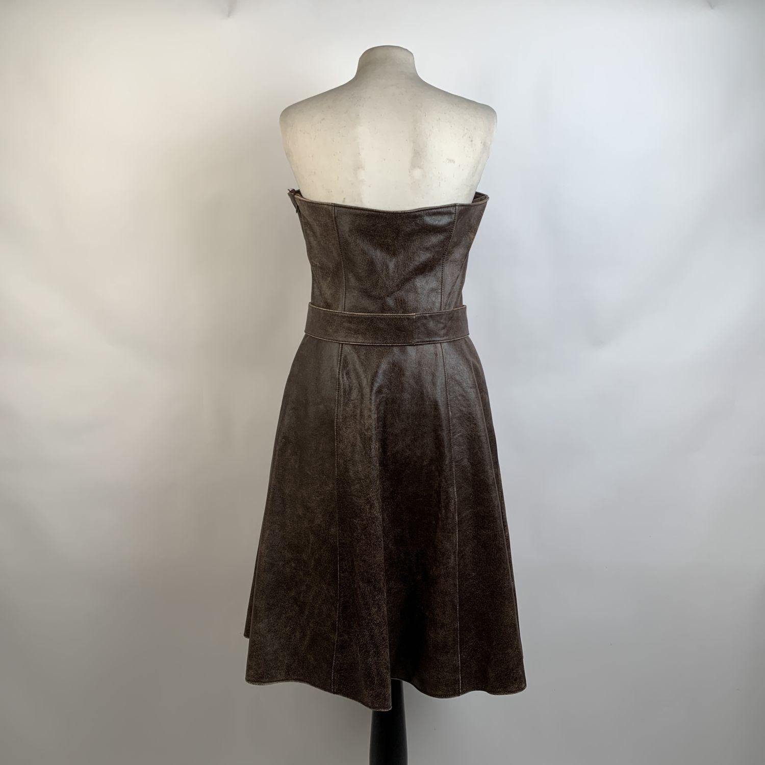 Miu Miu Brown Distressed Leather Bustier Dress Size 44 In Excellent Condition In Rome, Rome
